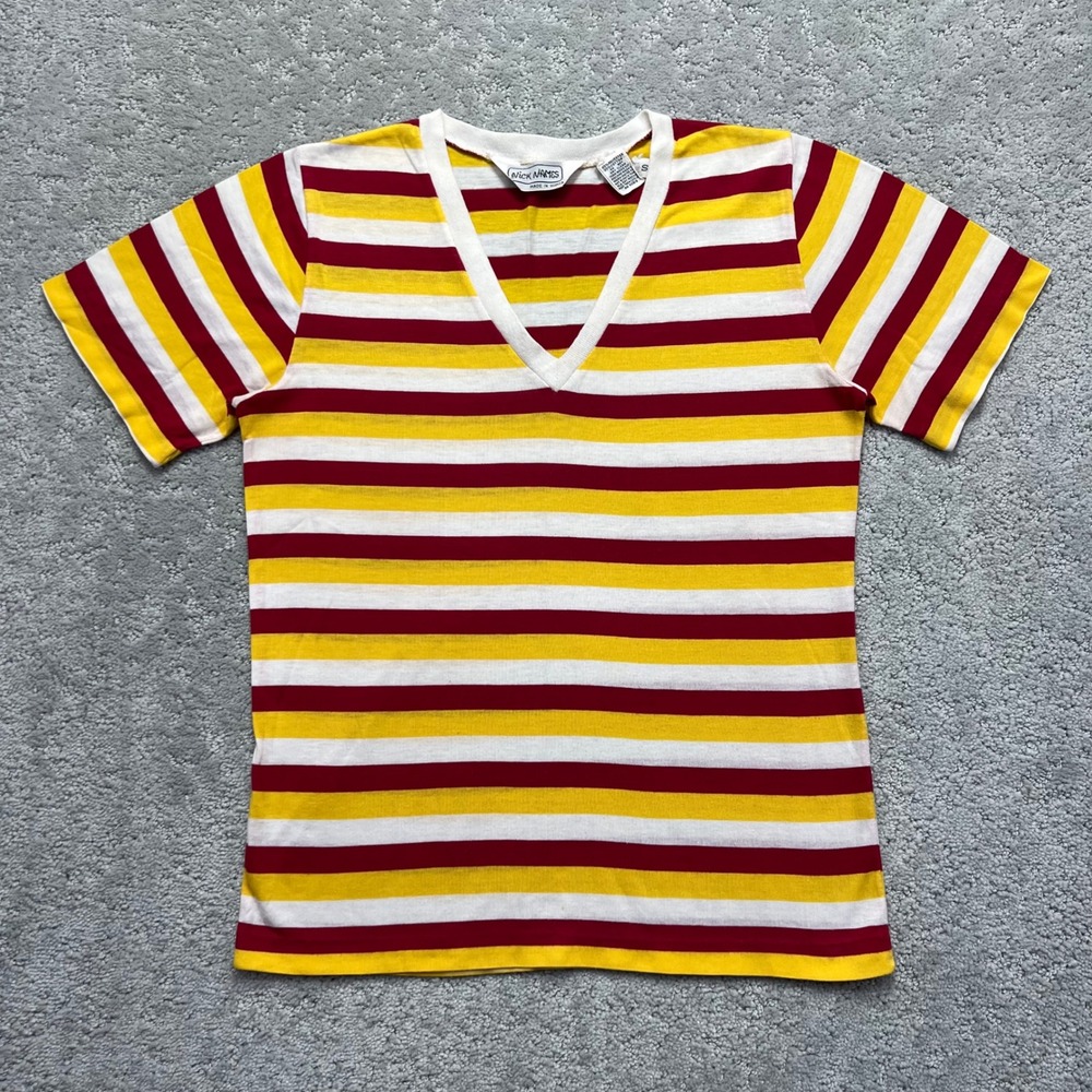 VINTAGE 80s Nick Names T-Shirt Womens Small Red Yellow‎ White Striped V-Neck